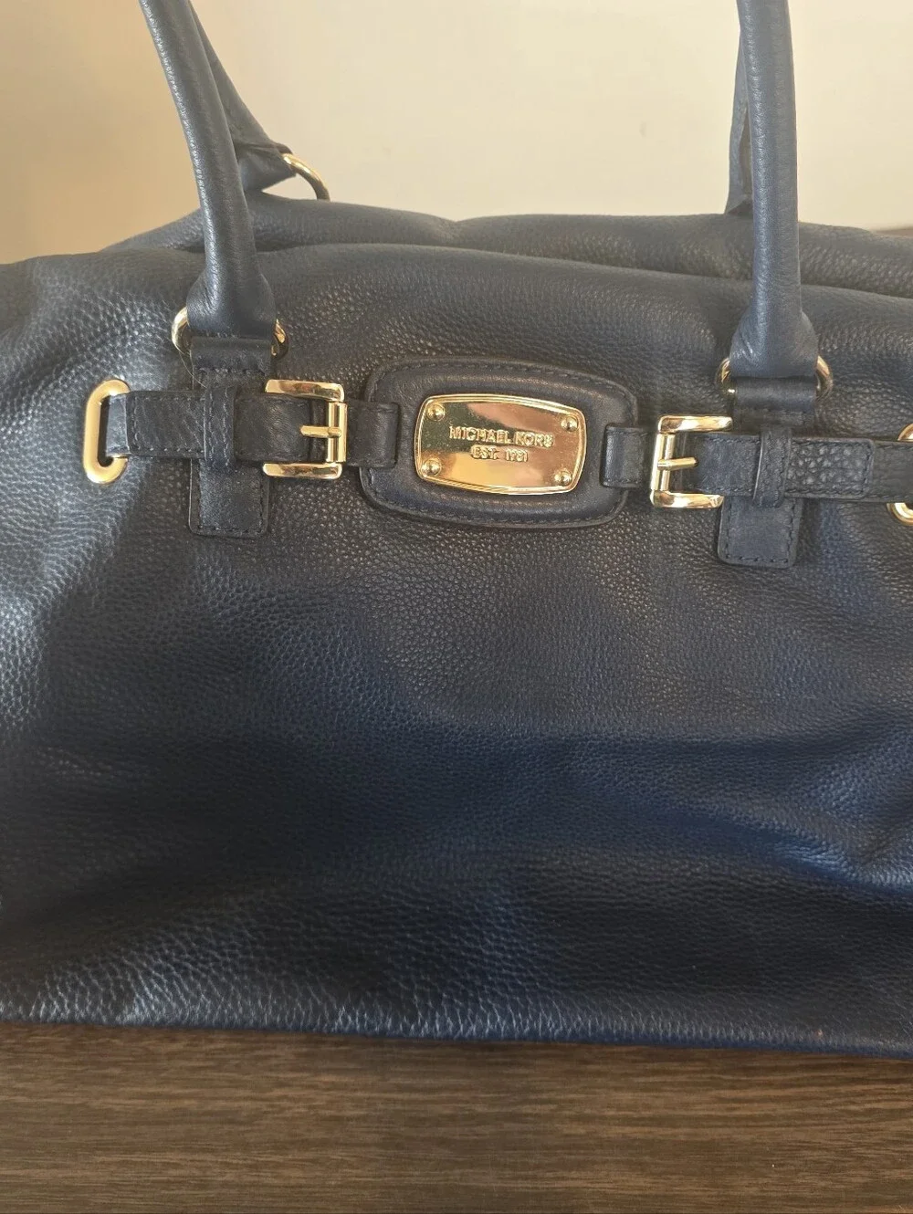 Michael Kors Navy Pebbled Leather Shoulder Tote with Gold Hardware